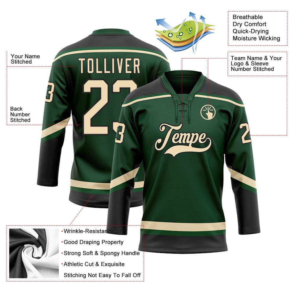 Custom Green City Cream Black Hockey Lace Neck Jersey, New Hockey Jersey, Personali Sport Team Jersey Shirt