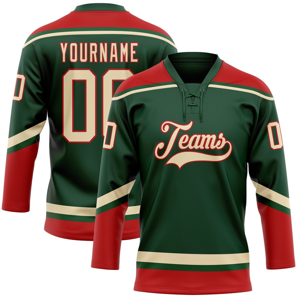 Custom Green City Cream Red Hockey Lace Neck Jersey, New Hockey Jersey, Personali Sport Team Jersey Shirt