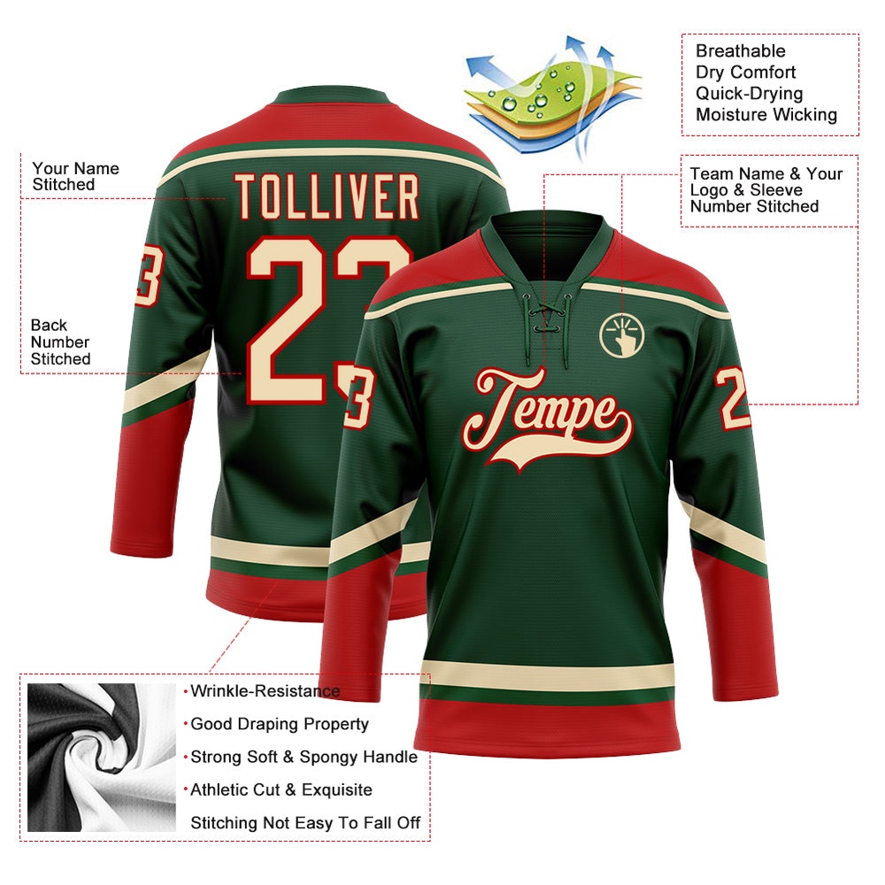 Custom Green City Cream Red Hockey Lace Neck Jersey, New Hockey Jersey, Personali Sport Team Jersey Shirt