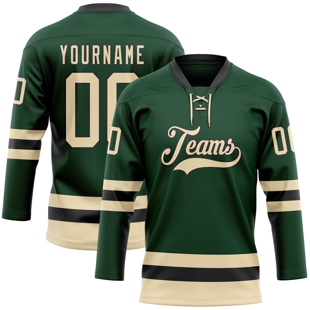 Custom Green Cream Black Hockey Lace Neck Jersey, New Hockey Jersey, Personali Sport Team Jersey Shirt