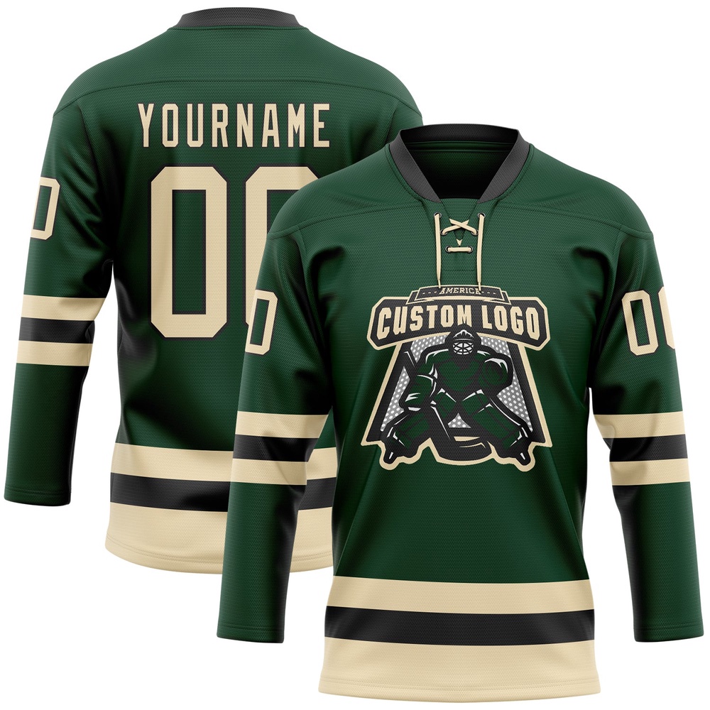 Custom Green Cream Black Hockey Lace Neck Jersey, New Hockey Jersey, Personali Sport Team Jersey Shirt