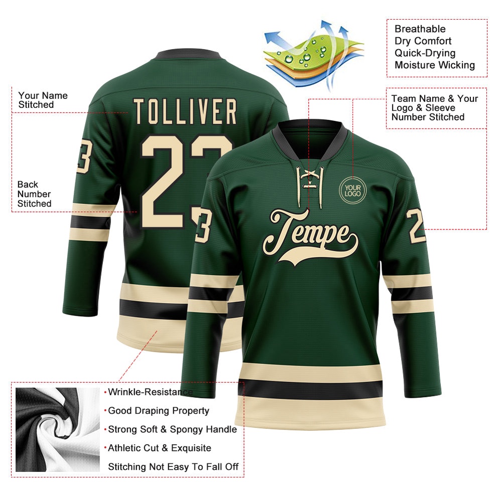 Custom Green Cream Black Hockey Lace Neck Jersey, New Hockey Jersey, Personali Sport Team Jersey Shirt