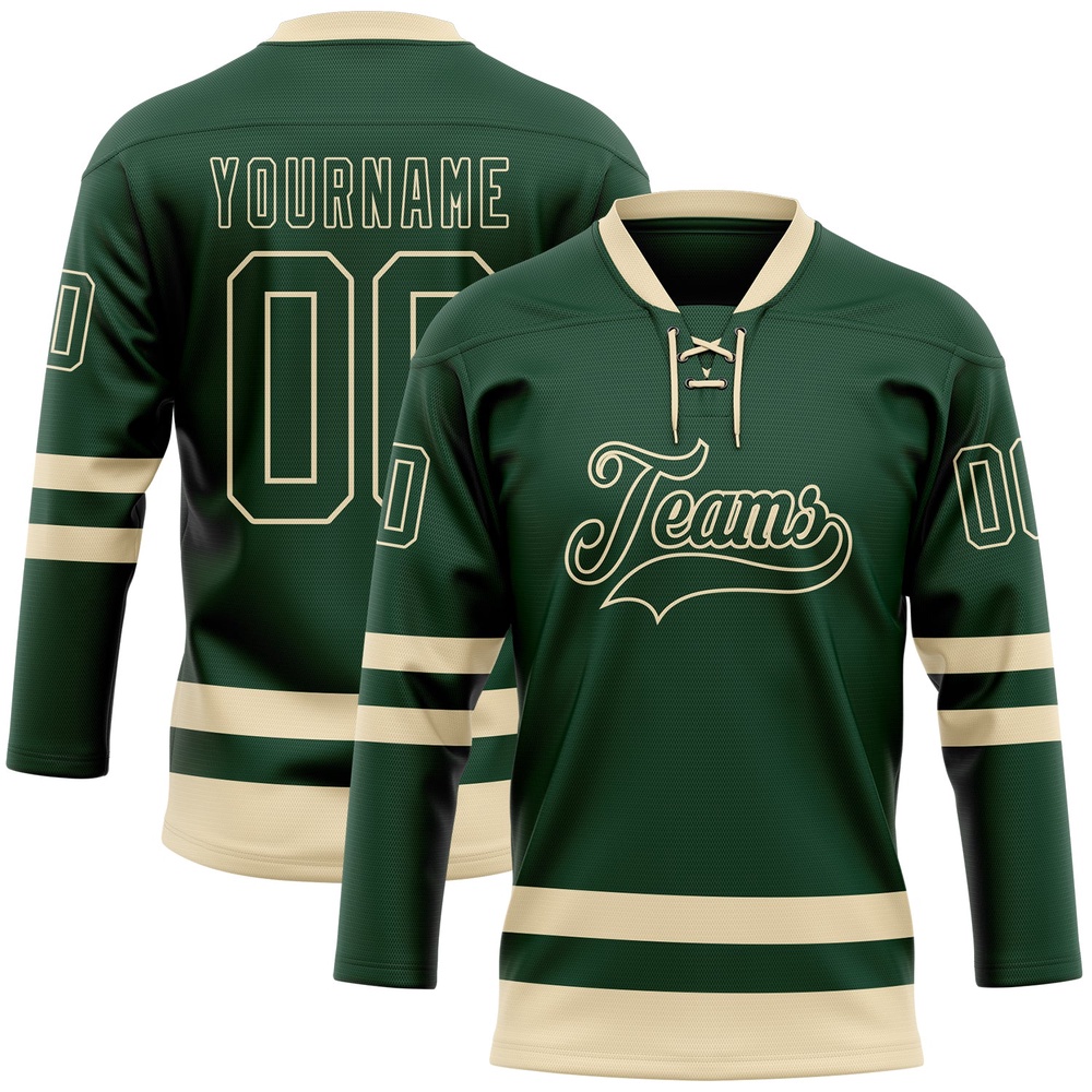Custom Green Cream Hockey Lace Neck Jersey, New Hockey Jersey, Personali Sport Team Jersey Shirt