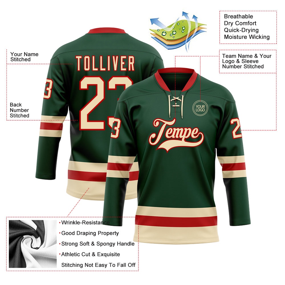 Custom Green Cream Red Hockey Lace Neck Jersey, New Hockey Jersey, Personali Sport Team Jersey Shirt