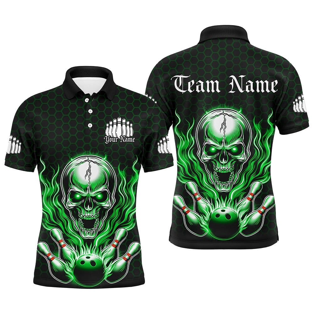 Custom Green Flame Bowling Polo Shirts For Men, Halloween Skull Bowling Shirt Bowling Outfit, Personalized Bowling Team Shirt