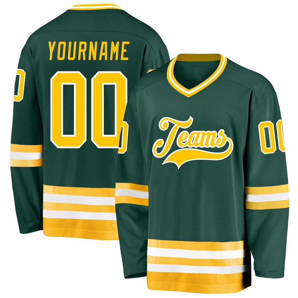 Custom Green Gold White Hockey Jersey, New Hockey Jersey, Personali Sport Team Jersey Shirt Custom Green Gold White Hockey Jersey, New Hockey Jersey, Personali Sport Team Jersey Shirt