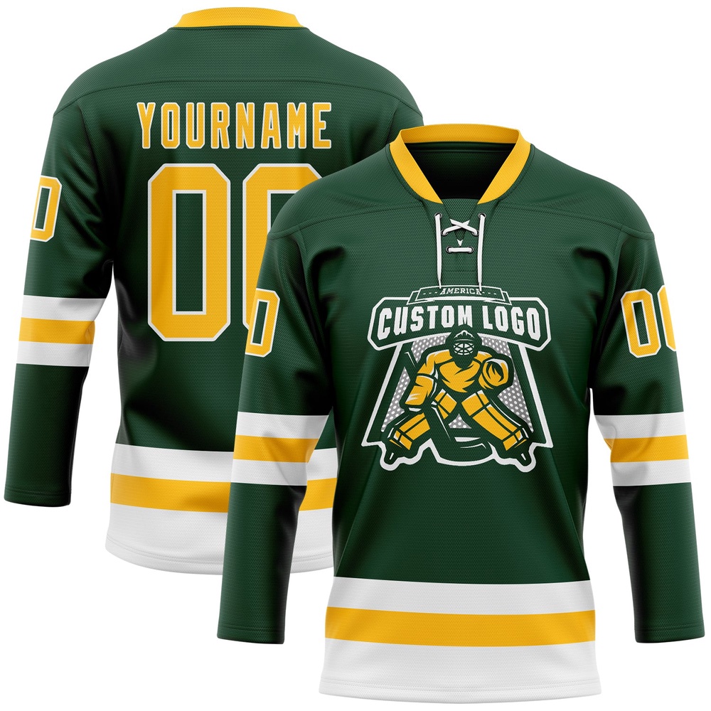 Custom Green Gold White Hockey Lace Neck Jersey, New Hockey Jersey, Personali Sport Team Jersey Shirt