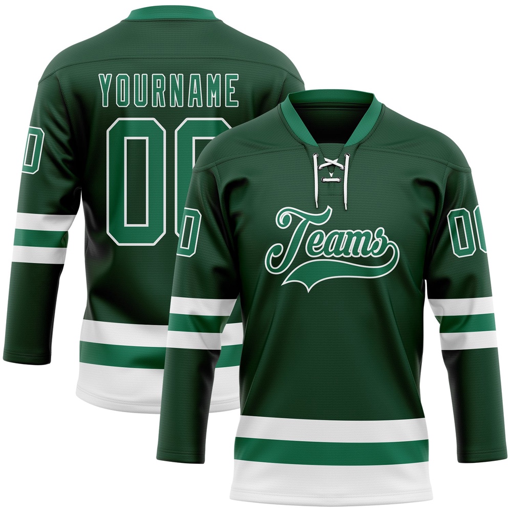 Custom Green Kelly Green White Hockey Lace Neck Jersey, New Hockey Jersey, Personali Sport Team Jersey Shirt