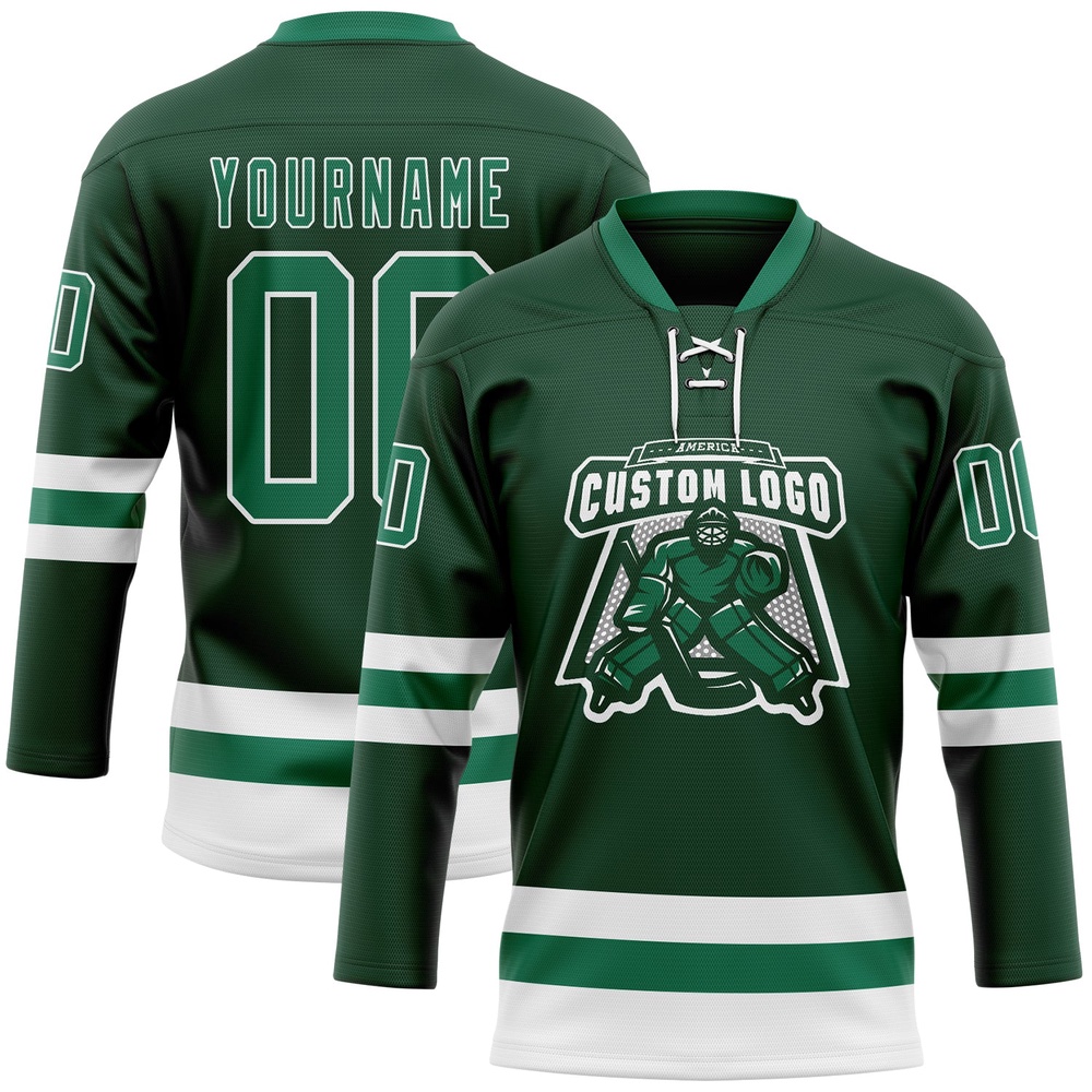 Custom Green Kelly Green White Hockey Lace Neck Jersey, New Hockey Jersey, Personali Sport Team Jersey Shirt