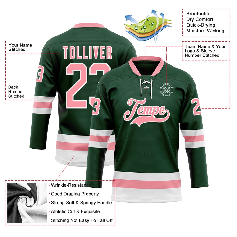Custom Green Medium Pink White Hockey Lace Neck Jersey, New Hockey Jersey, Personali Sport Team Jersey Shirt