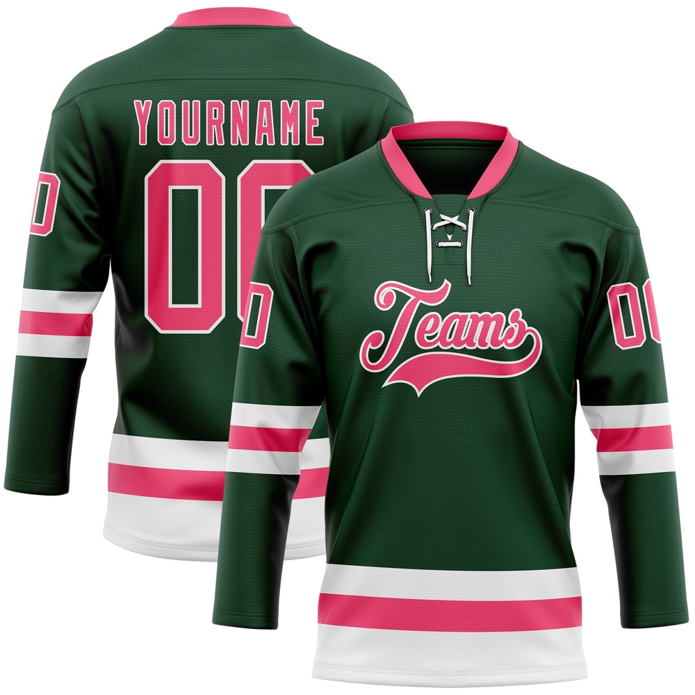 Custom Green Neon Pink White Hockey Lace Neck Jersey, New Hockey Jersey, Personali Sport Team Jersey Shirt