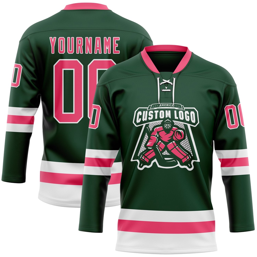 Custom Green Neon Pink White Hockey Lace Neck Jersey, New Hockey Jersey, Personali Sport Team Jersey Shirt