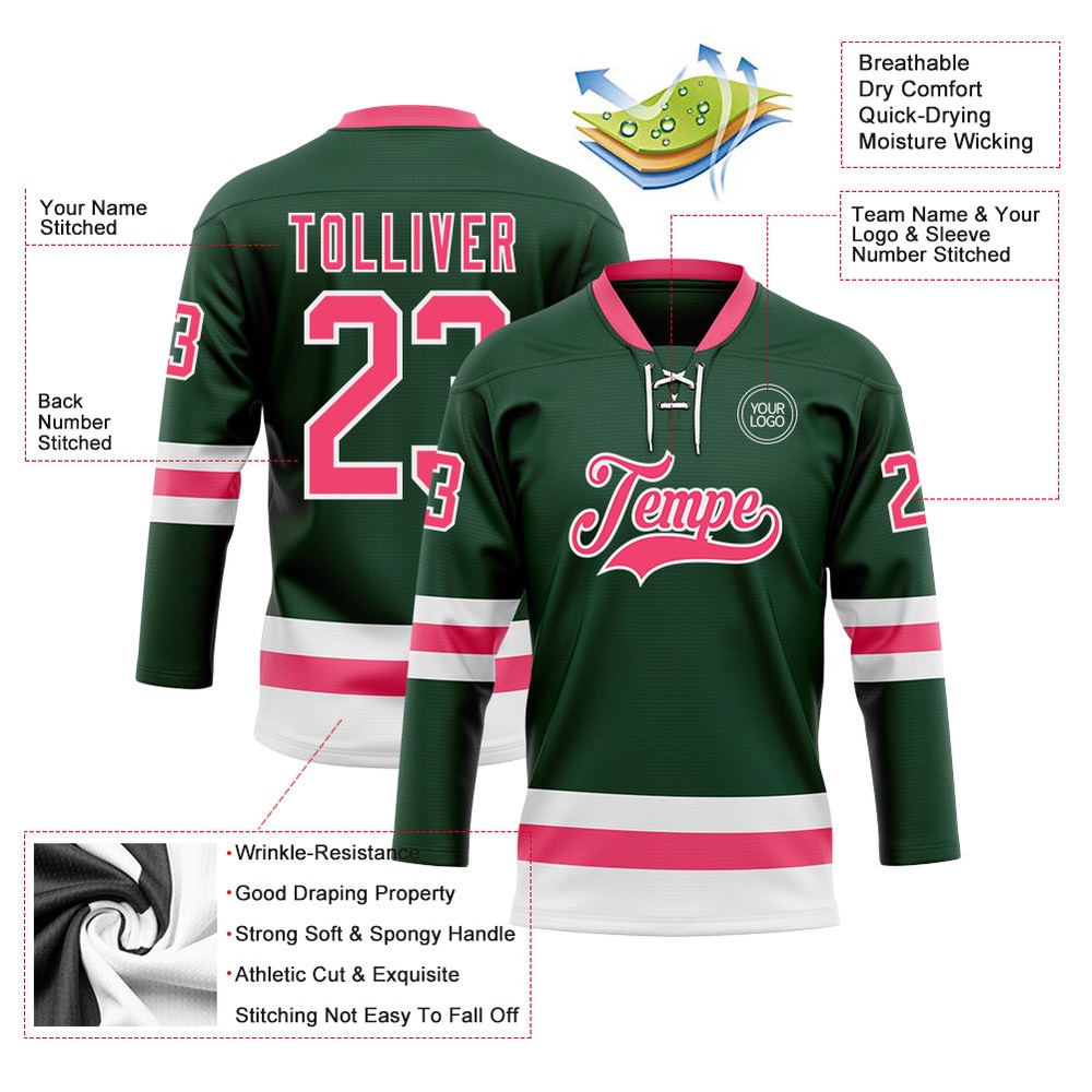 Custom Green Neon Pink White Hockey Lace Neck Jersey, New Hockey Jersey, Personali Sport Team Jersey Shirt