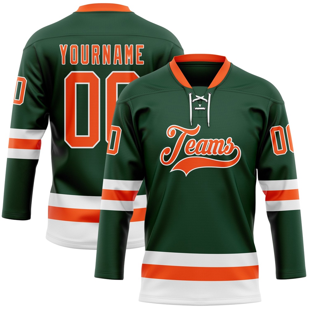 Custom Green Orange White Hockey Lace Neck Jersey, New Hockey Jersey, Personali Sport Team Jersey Shirt