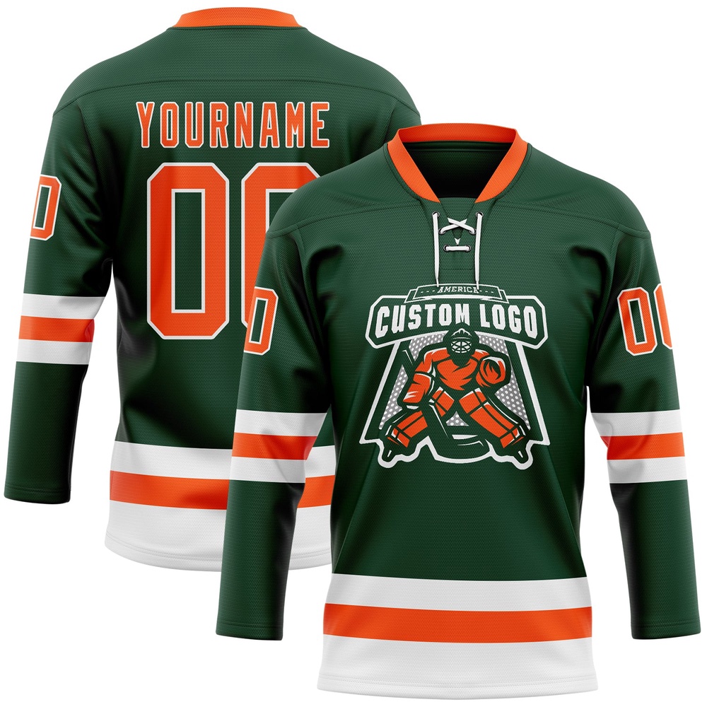 Custom Green Orange White Hockey Lace Neck Jersey, New Hockey Jersey, Personali Sport Team Jersey Shirt