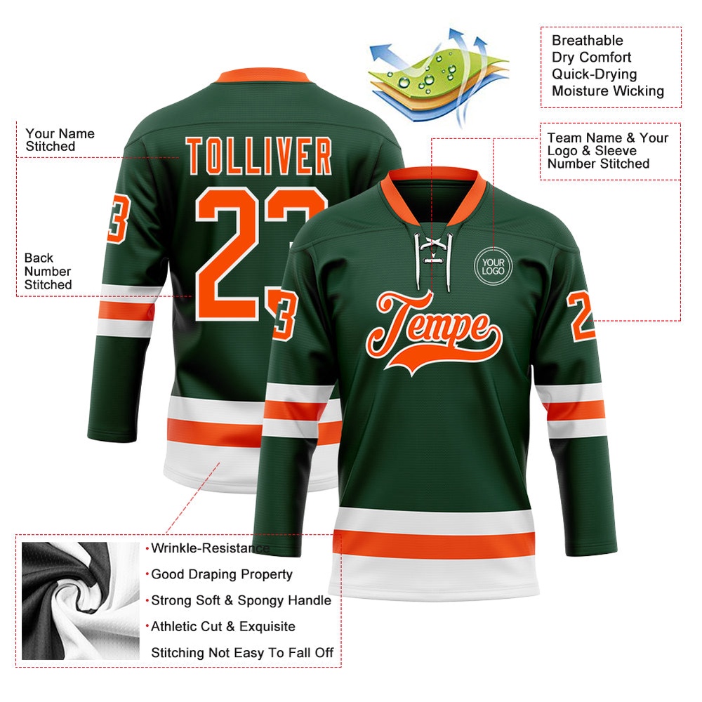 Custom Green Orange White Hockey Lace Neck Jersey, New Hockey Jersey, Personali Sport Team Jersey Shirt