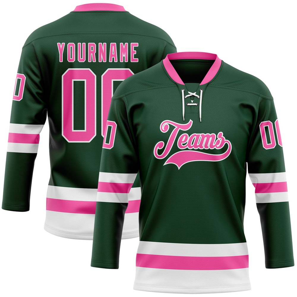 Custom Green Pink White Hockey Lace Neck Jersey, New Hockey Jersey, Personali Sport Team Jersey Shirt