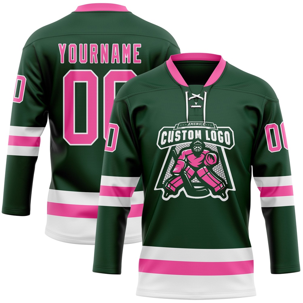 Custom Green Pink White Hockey Lace Neck Jersey, New Hockey Jersey, Personali Sport Team Jersey Shirt