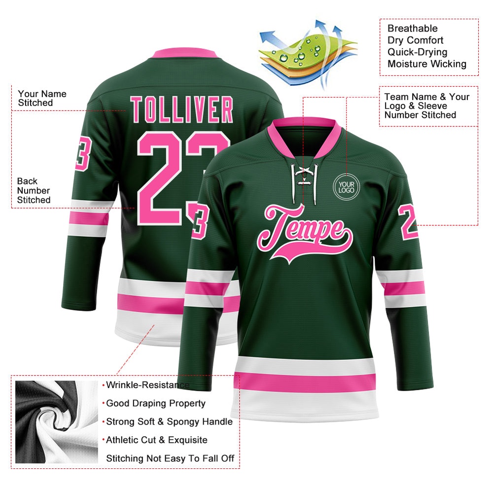 Custom Green Pink White Hockey Lace Neck Jersey, New Hockey Jersey, Personali Sport Team Jersey Shirt