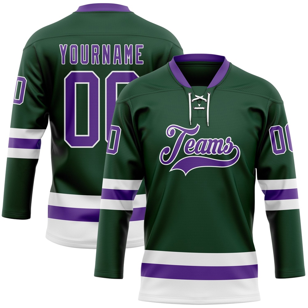 Custom Green Purple White Hockey Lace Neck Jersey, New Hockey Jersey, Personali Sport Team Jersey Shirt