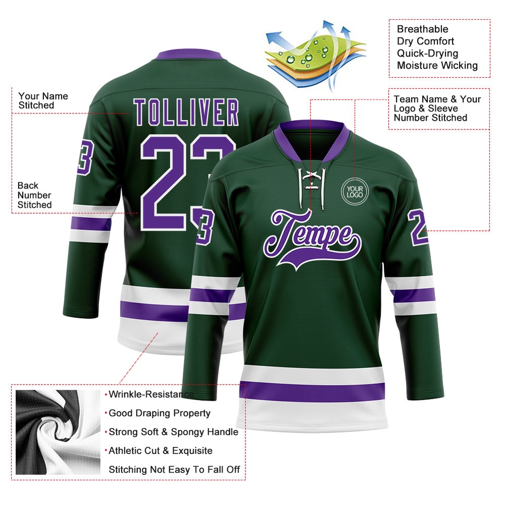 Custom Green Purple White Hockey Lace Neck Jersey, New Hockey Jersey, Personali Sport Team Jersey Shirt