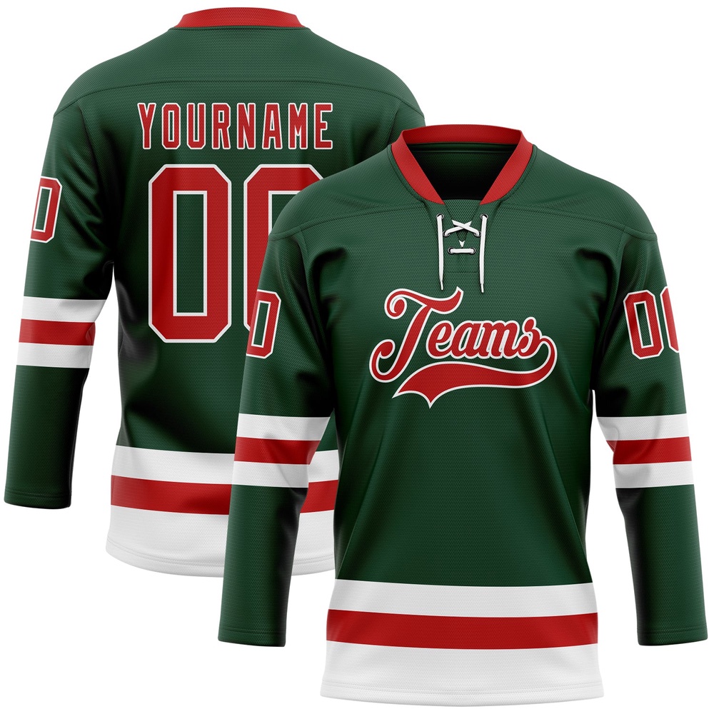 Custom Green Red White Hockey Lace Neck Jersey, New Hockey Jersey, Personali Sport Team Jersey Shirt