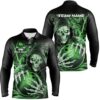Custom Green Flame Skull Bowling Shirts, Bowling Team Polo Shirt For Men Outfit Bowling, Personalized Bowling Team Shirt