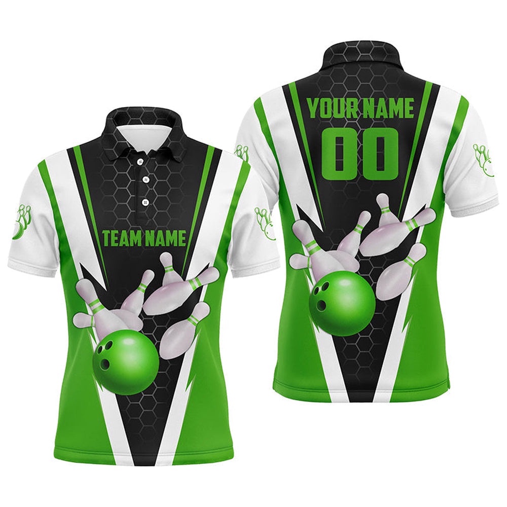 Custom Green Strike Bowling Polo Shirts For Men, Bowling Team Polo Shirt With Name And Number, Personalized Bowling Team Shirt Custom Green Strike Bowling Polo Shirts For Men, Bowling Team Polo Shirt With Name And Number, Personalized Bowling Team Shirt
