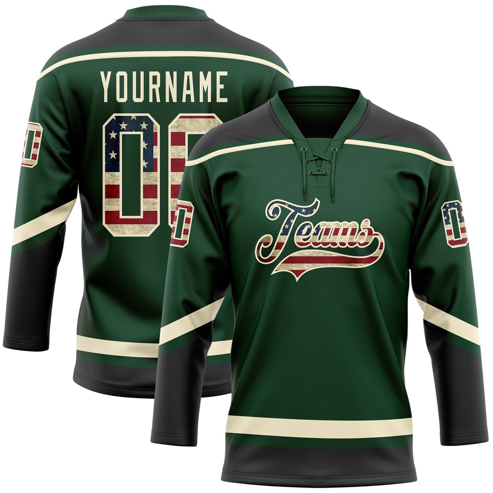 Custom Green Vintage USA Flag Black Cream Hockey Lace Neck Jersey, New Hockey Jersey, Personali Sport Team Jersey Shirt