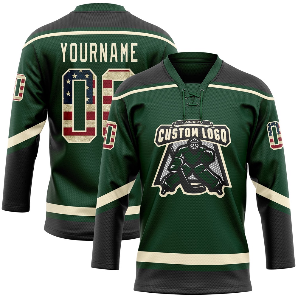 Custom Green Vintage USA Flag Black Cream Hockey Lace Neck Jersey, New Hockey Jersey, Personali Sport Team Jersey Shirt