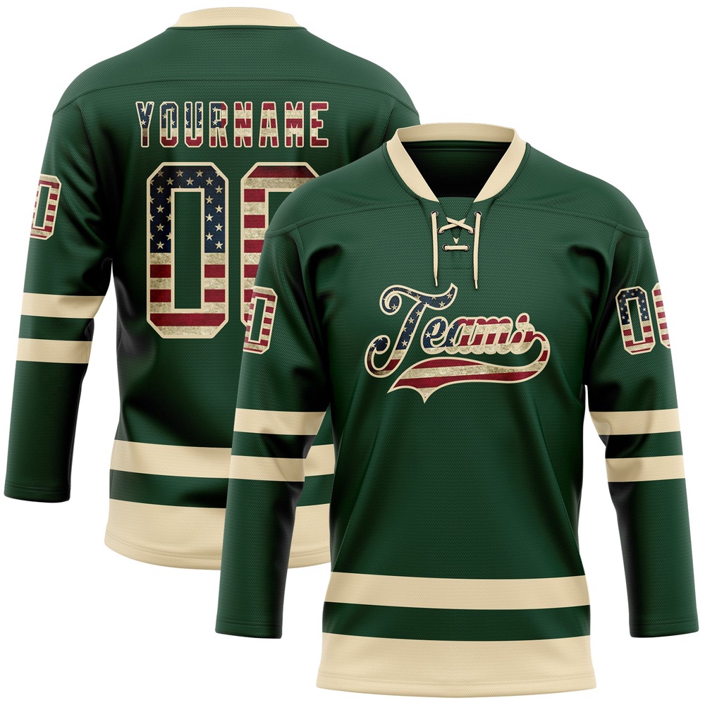 Custom Green Vintage USA Flag Cream Hockey Lace Neck Jersey, New Hockey Jersey, Personali Sport Team Jersey Shirt