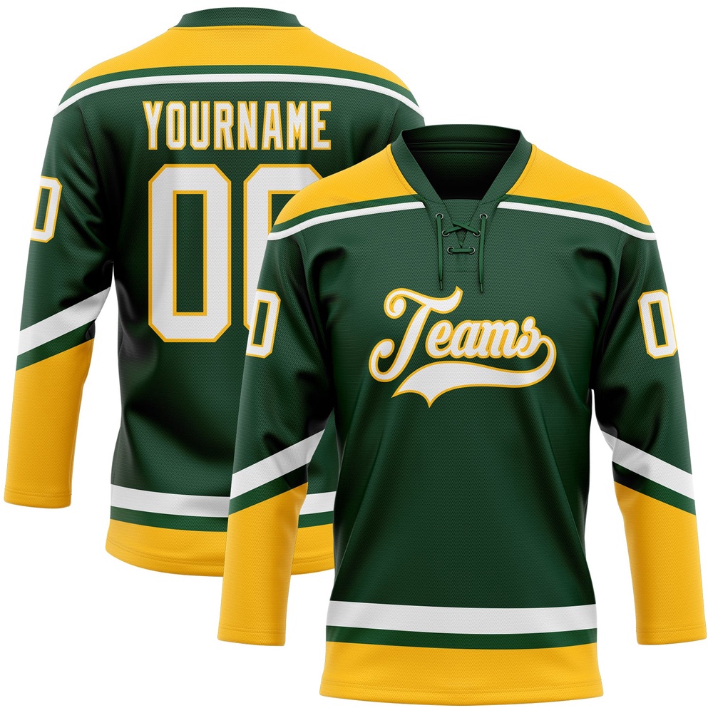 Custom Green White Gold Hockey Lace Neck Jersey, New Hockey Jersey, Personali Sport Team Jersey Shirt