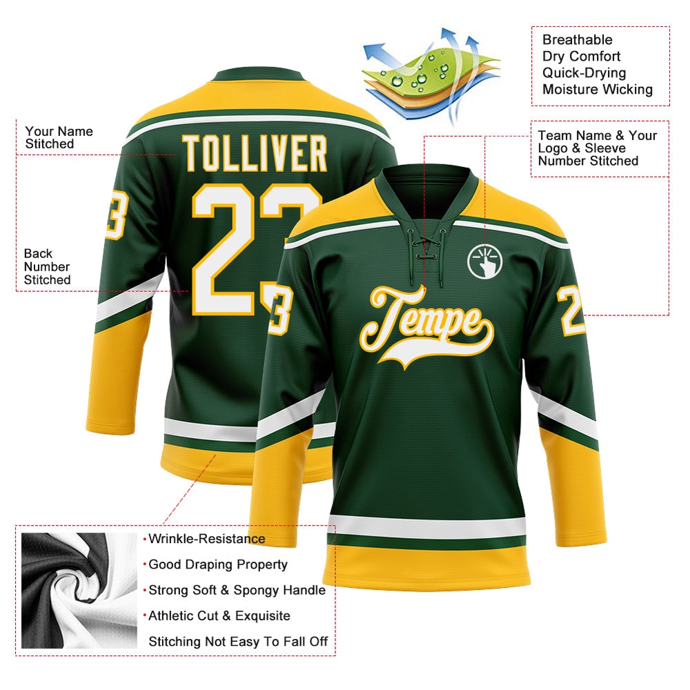 Custom Green White Gold Hockey Lace Neck Jersey, New Hockey Jersey, Personali Sport Team Jersey Shirt