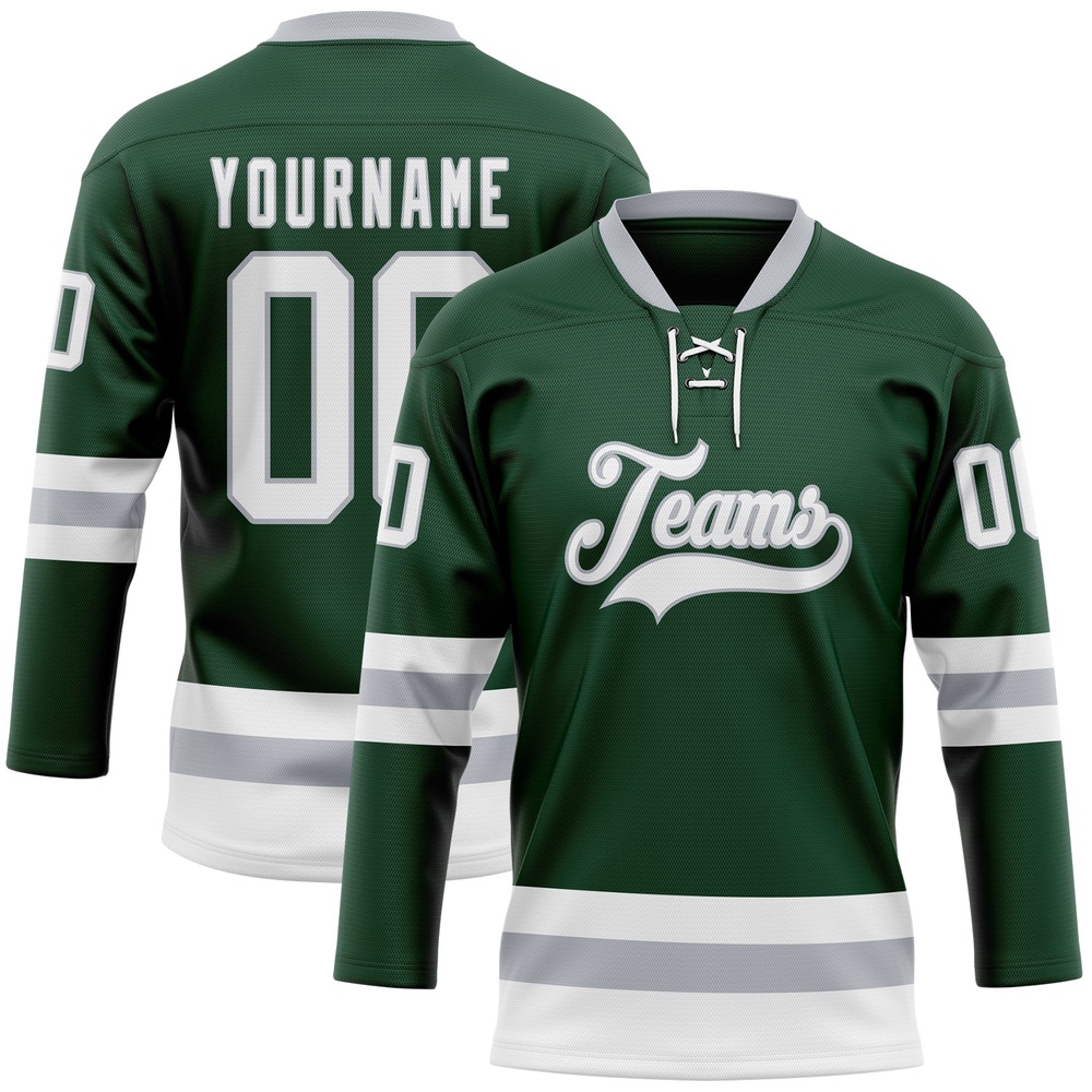 Custom Green White Gray Hockey Lace Neck Jersey, New Hockey Jersey, Personali Sport Team Jersey Shirt