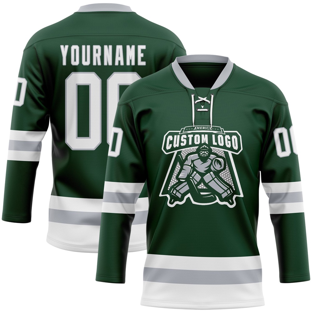 Custom Green White Gray Hockey Lace Neck Jersey, New Hockey Jersey, Personali Sport Team Jersey Shirt