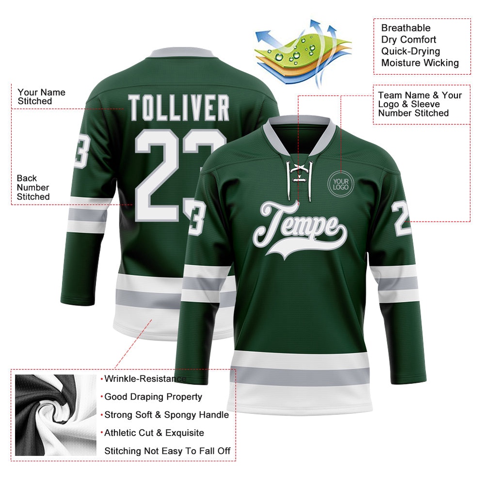 Custom Green White Gray Hockey Lace Neck Jersey, New Hockey Jersey, Personali Sport Team Jersey Shirt