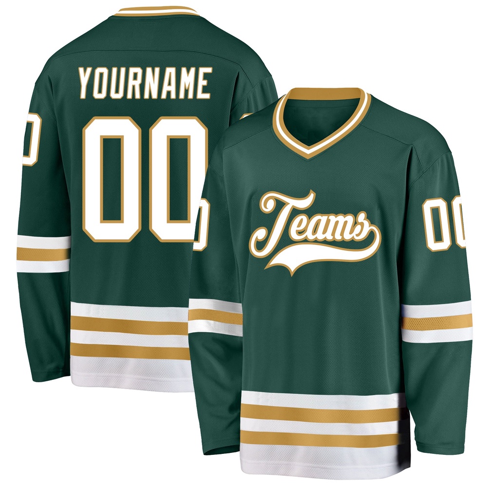 Custom Green White Old Gold Hockey Jersey, New Hockey Jersey, Personali Sport Team Jersey Shirt Custom Green White Old Gold Hockey Jersey, New Hockey Jersey, Personali Sport Team Jersey Shirt