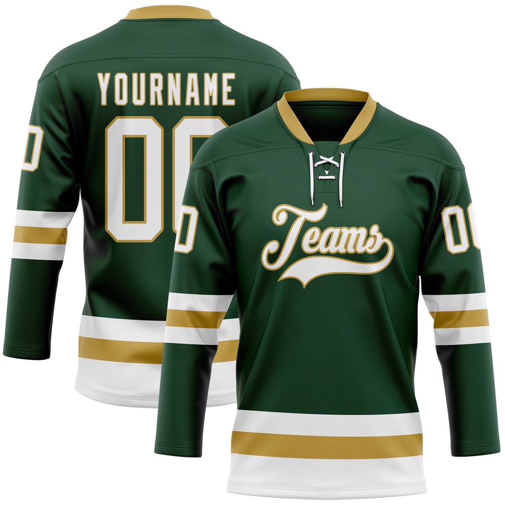 Custom Green White Old Gold Hockey Lace Neck Jersey, New Hockey Jersey, Personali Sport Team Jersey Shirt