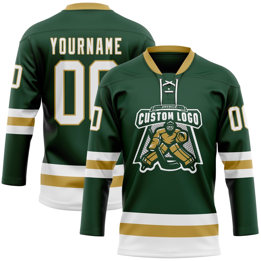 Custom Green White Old Gold Hockey Lace Neck Jersey, New Hockey Jersey, Personali Sport Team Jersey Shirt