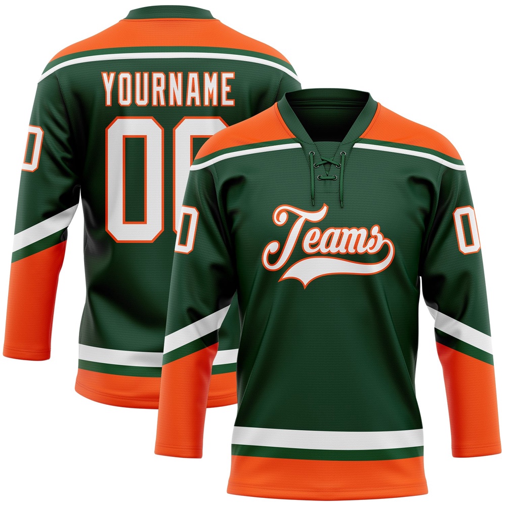 Custom Green White Orange Hockey Lace Neck Jersey, New Hockey Jersey, Personali Sport Team Jersey Shirt