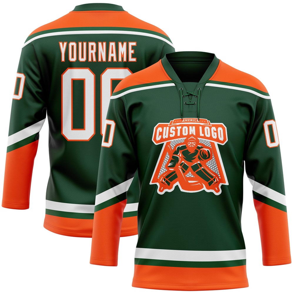 Custom Green White Orange Hockey Lace Neck Jersey, New Hockey Jersey, Personali Sport Team Jersey Shirt