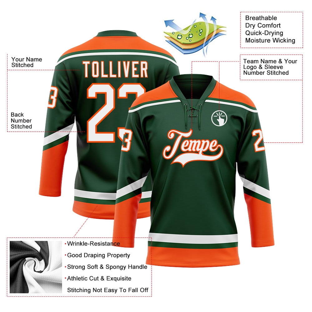 Custom Green White Orange Hockey Lace Neck Jersey, New Hockey Jersey, Personali Sport Team Jersey Shirt