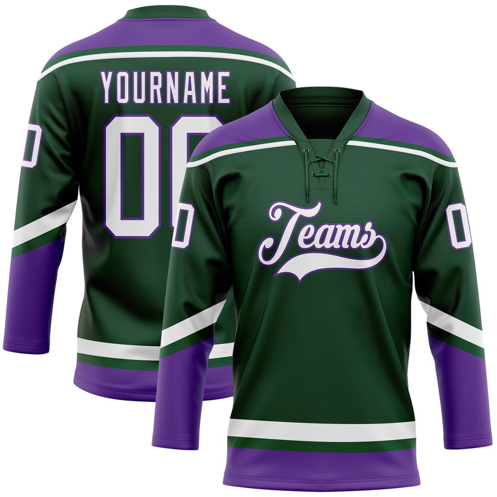Custom Green White Purple Hockey Lace Neck Jersey, New Hockey Jersey, Personali Sport Team Jersey Shirt