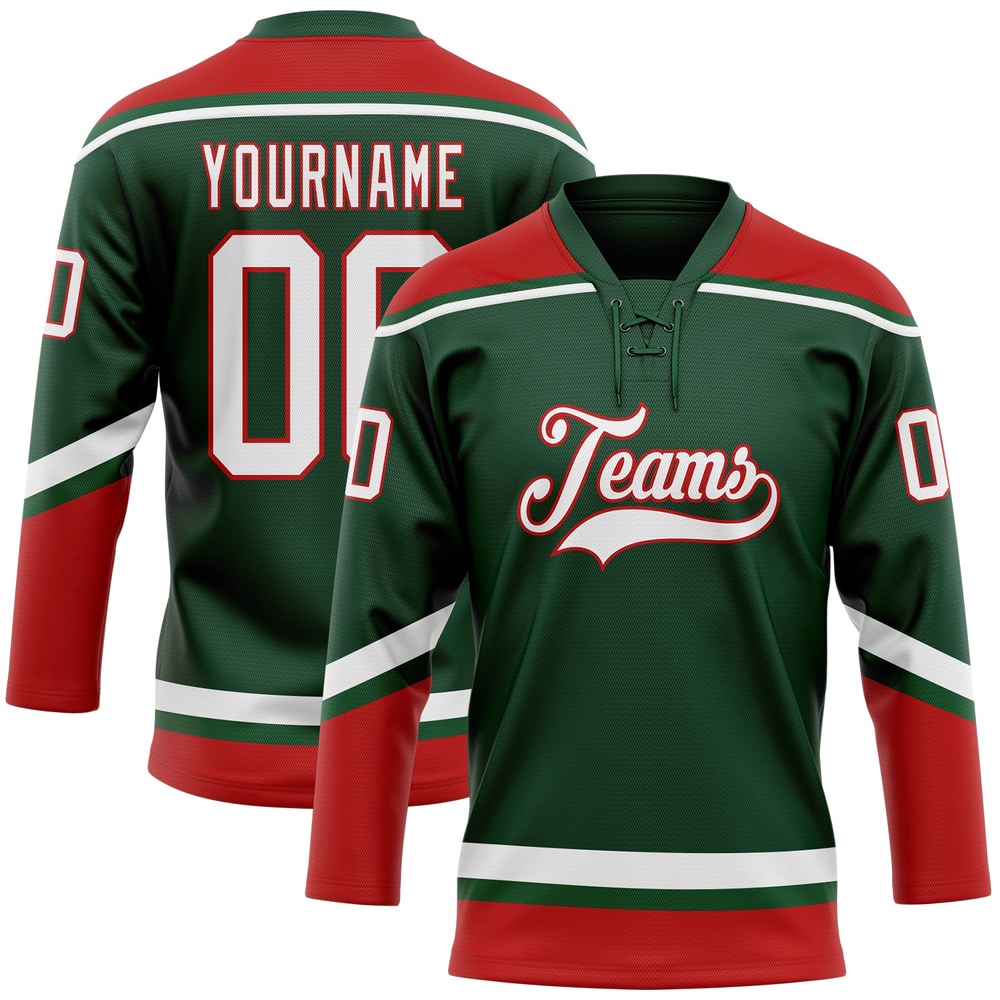 Custom Green White Red Hockey Lace Neck Jersey, New Hockey Jersey, Personali Sport Team Jersey Shirt