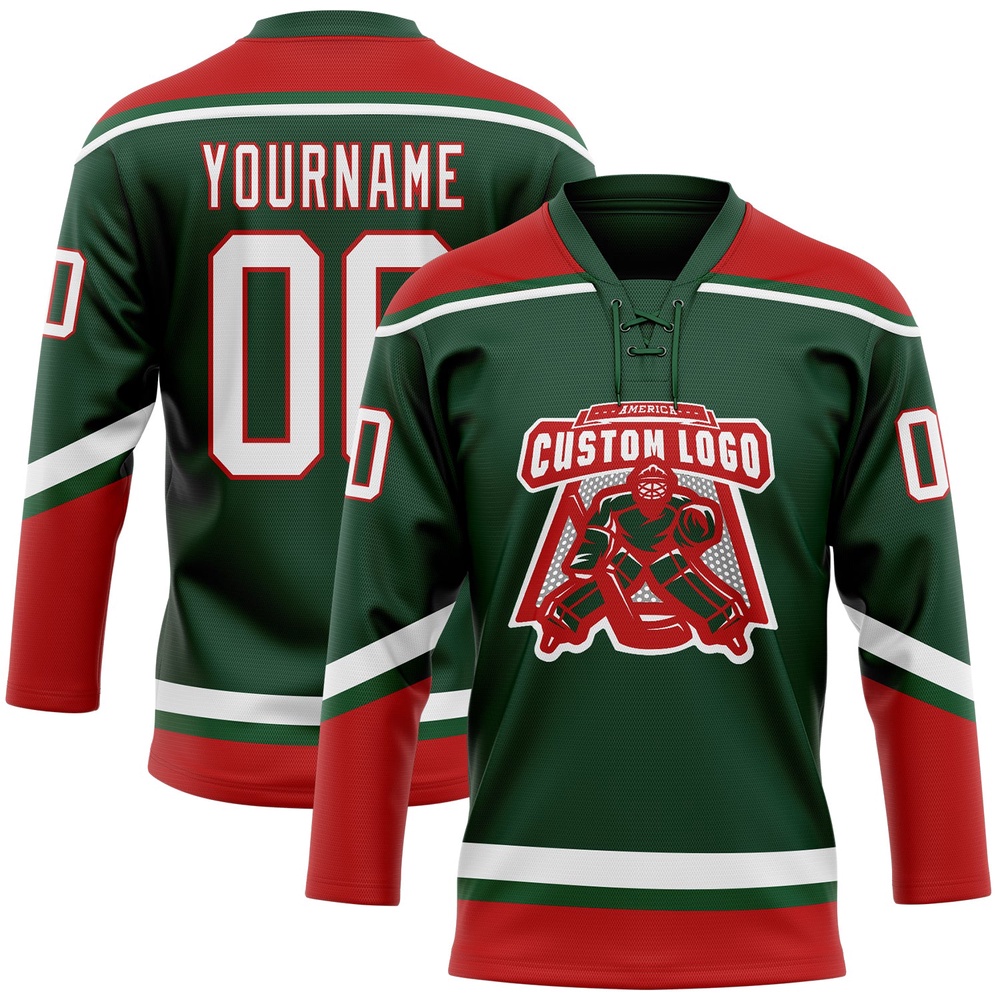 Custom Green White Red Hockey Lace Neck Jersey, New Hockey Jersey, Personali Sport Team Jersey Shirt