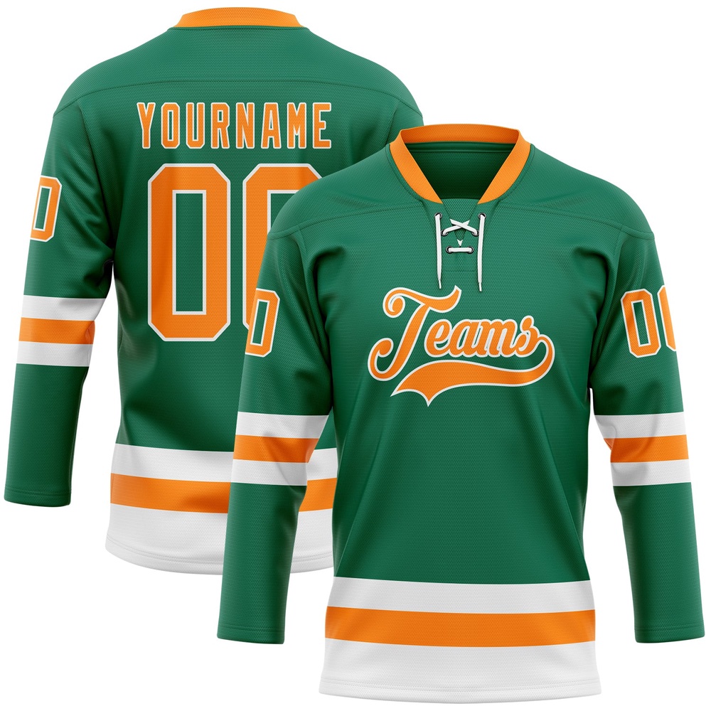 Custom Kelly Green Bay Orange White Hockey Lace Neck Jersey, New Hockey Jersey, Personali Sport Team Jersey Shirt