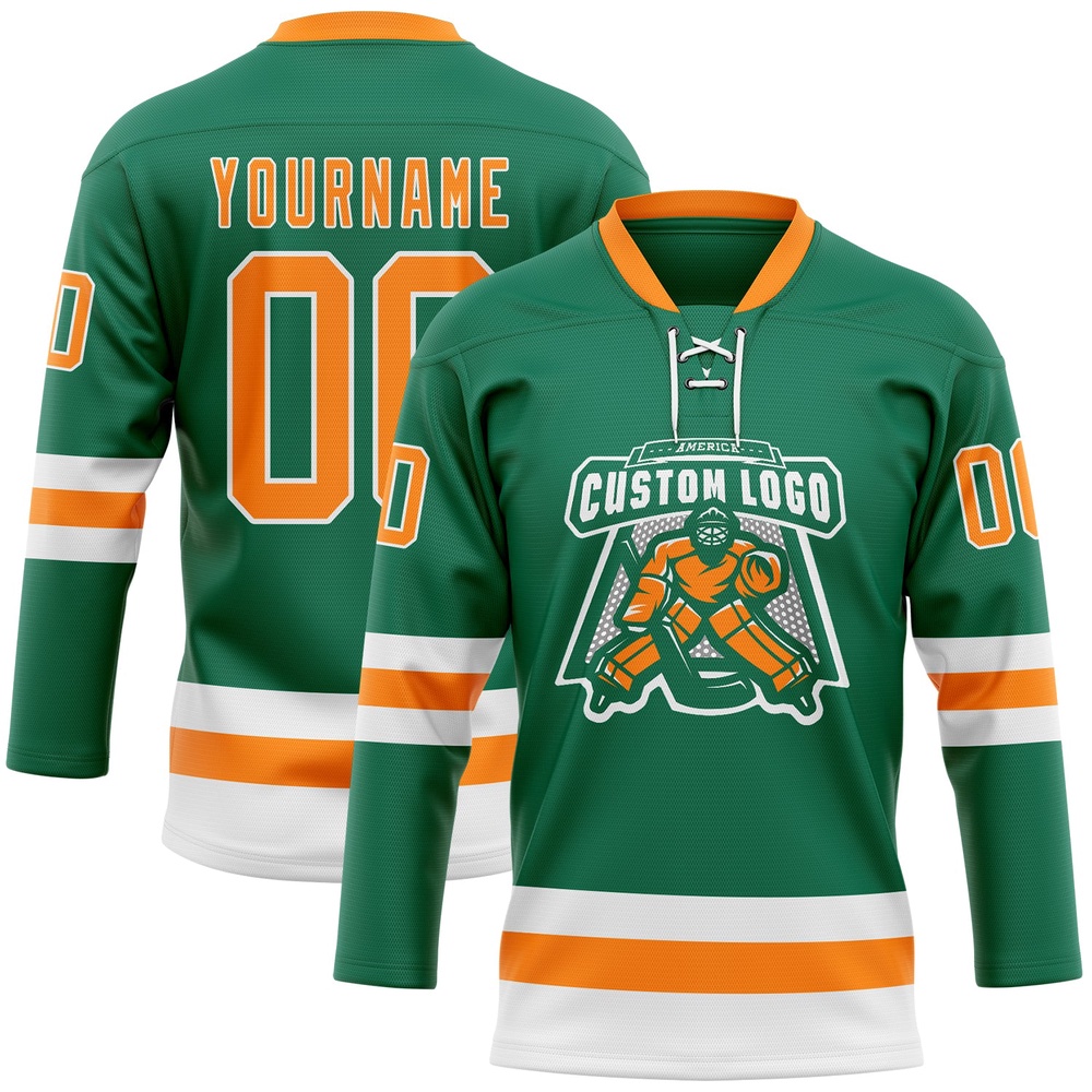 Custom Kelly Green Bay Orange White Hockey Lace Neck Jersey, New Hockey Jersey, Personali Sport Team Jersey Shirt