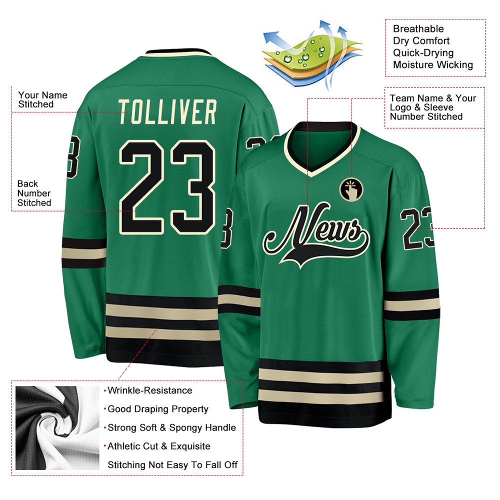 Custom Kelly Green Black Cream Hockey Jersey, New Hockey Jersey, Personali Sport Team Jersey Shirt