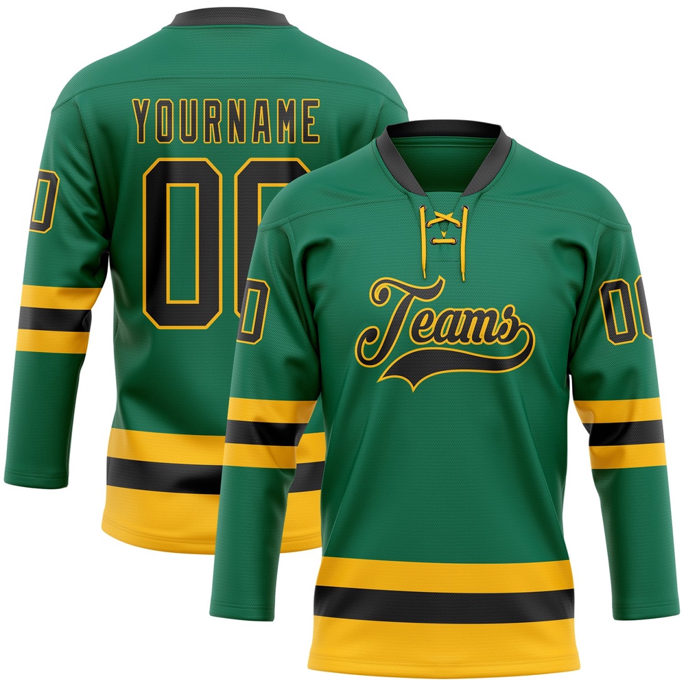 Custom Kelly Green Black Gold Hockey Lace Neck Jersey, New Hockey Jersey, Personali Sport Team Jersey Shirt