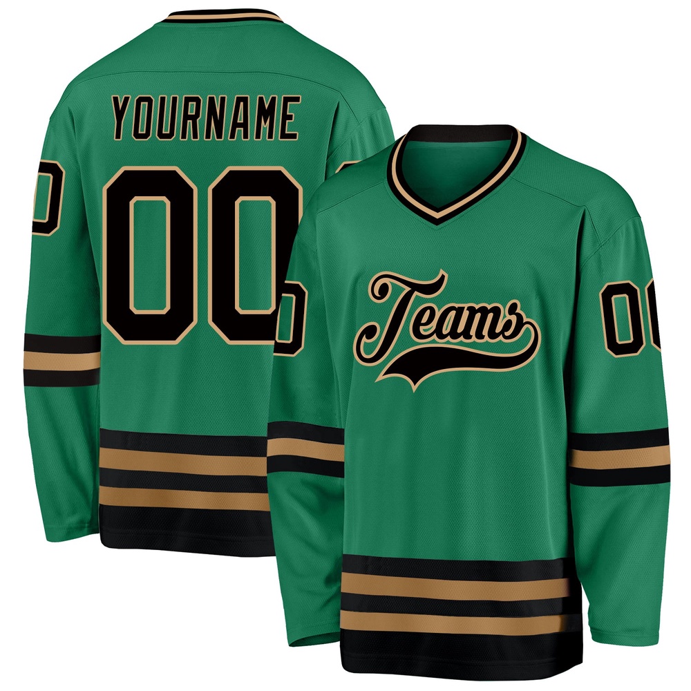 Custom Kelly Green Black Old Gold Hockey Jersey, New Hockey Jersey, Personali Sport Team Jersey Shirt